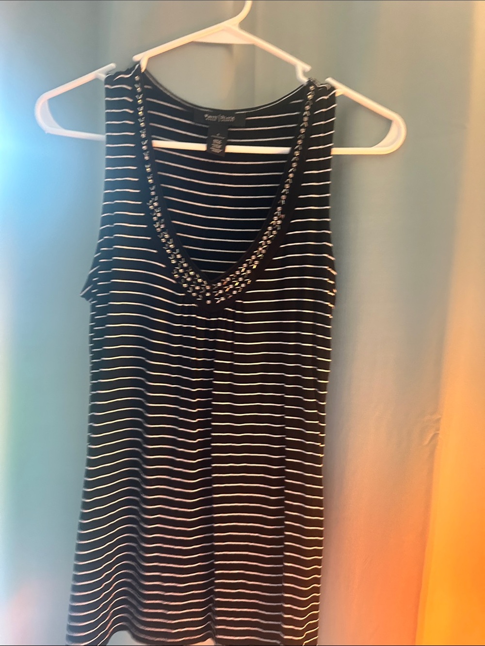White House Black Market Black & White Striped Beaded V-Neck Tank